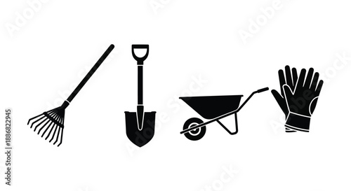 A collection of gardening tools including a rake, shovel, wheelbarrow, and gloves.