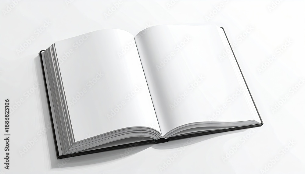 Fototapeta premium Open book with blank pages on white surface, ready for reading, writing, and creative projects.