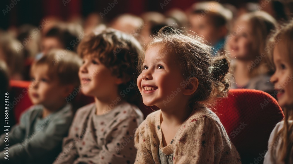Fototapeta premium Young children captivated by theater performance in audience setting.