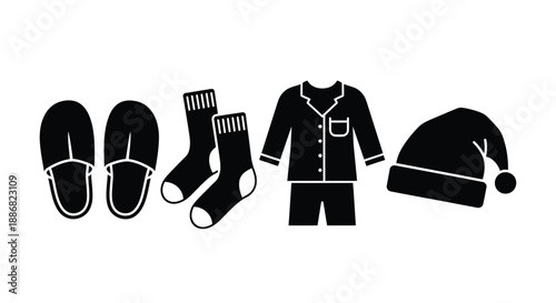 A pair of slippers, socks, pajamas, and a nightcap are laid out.
