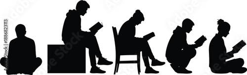 Collection of male and female silhouettes reading books in various sitting and crouching poses isolated on white background for education and literacy design projects