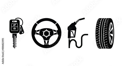 A car key, steering wheel, gas pump, and tire are displayed as icons.