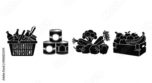 A black and white illustration of a grocery basket, canned goods, vegetables, and a fruit crate.