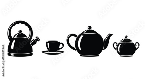A black teapot, sugar bowl, and teacup are displayed against a white background.