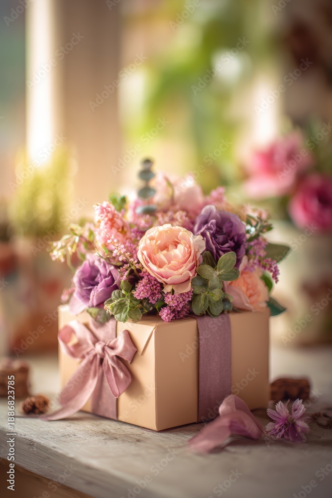 Obraz premium Mothers Day, Valentines Day, love holiday theme. A gift box adorned with a vibrant bouquet of pink, purple, and peach flowers, tied with a pink ribbon, sitting atop a wooden table.