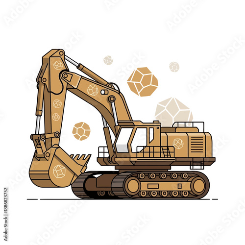 Powerful Industrial Excavator Digging Earth Moving Heavy Equipment Illustration For Construction