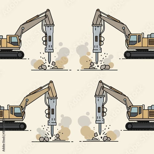 Powerful Industrial Excavators Breaking Concrete Flat Vector Pattern Seamless Design