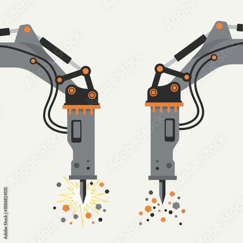 Powerful Hydraulic Breaker Arms Engaging In Demolition Work On A Construction Site