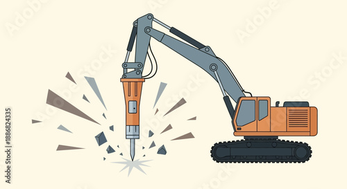 Powerful Hydraulic Breaker Excavator Demolishing Concrete Flat Vector Illustration