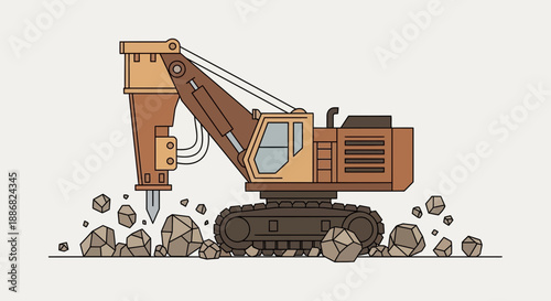 Powerful Hydraulic Breaker Excavator Crushing Rocks On A Dynamic Construction Site Vector Artwork