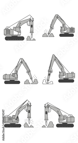 Powerful Hydraulic Breaker Excavator Demolishing Ground On Modern Construction Site