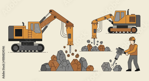 Powerful Hydraulic Breakers Demolishing Rocks With Manual Jackhammer Operator At Construction Site