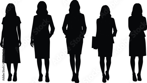 Collection of professional businesswoman silhouettes featuring five women in formal suits and dresses standing in confident poses isolated on white background for corporate design