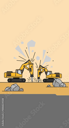 Powerful Hydraulic Breakers Engaged In Ground Demolition Work Heavy Equipment Activity