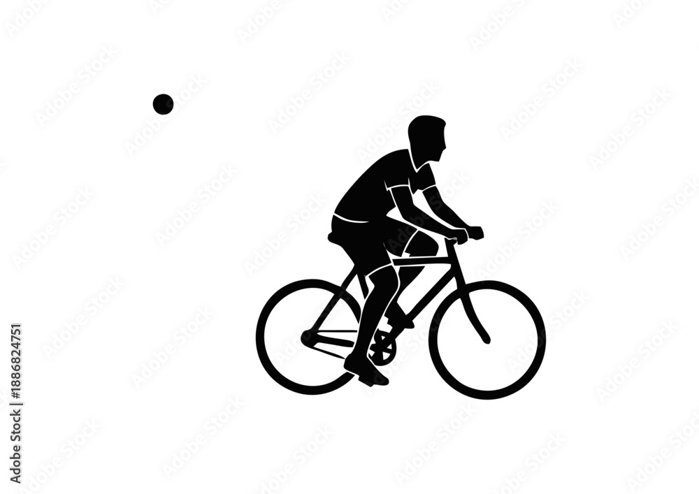 Obraz premium Silhouette of a person riding a bicycle on a white background with a small dot in the upper left corner