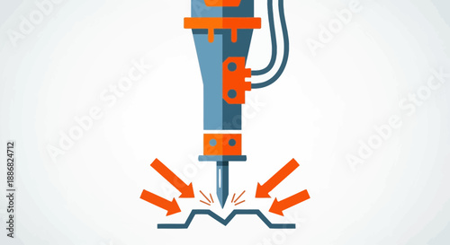 Powerful Jackhammer Impacting Surface During Construction Work Flat Vector Illustration Icon