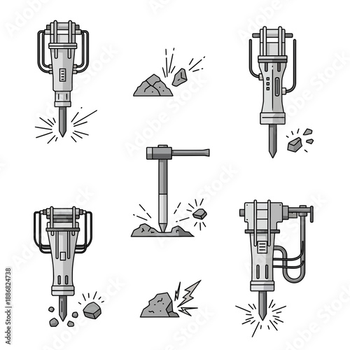 Powerful Jackhammers And Demolition Tools Collection Vector Set For Heavy Construction Work And