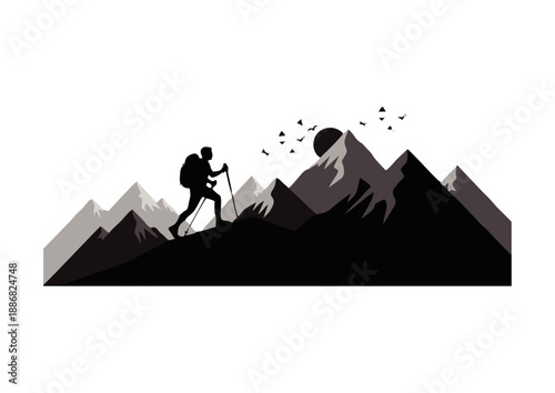 Silhouette of an adventurous hiker ascending a majestic mountain peak under a vibrant sky, symbolizing determination, achievement, and the spirit of conquering challenges in nature's grand landscape