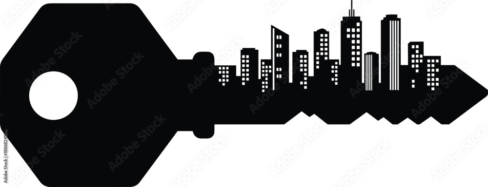 Εκτύπωση καμβά Silhouette of a key with city skyline blade, blending urban architecture and symbolic design for creative, conceptual, and modern illustration or graphic use