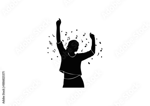 Silhouette of a Woman Dancing Joyfully with Musical Notes Floating Around Her