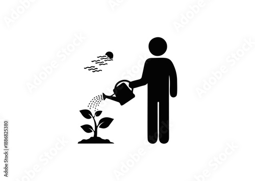 Person watering a plant, symbolizing growth and care in nature's development, with a sun in the background