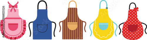 Kitchen apron vector set with colorful cooking aprons, bakery and household protective clothing isolated on white background for culinary and home design