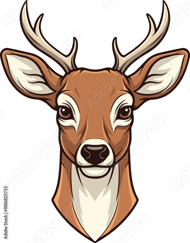 Stylized illustration of a deer head with antlers, friendly expression, isolated on white background, vector art , Generative Ai