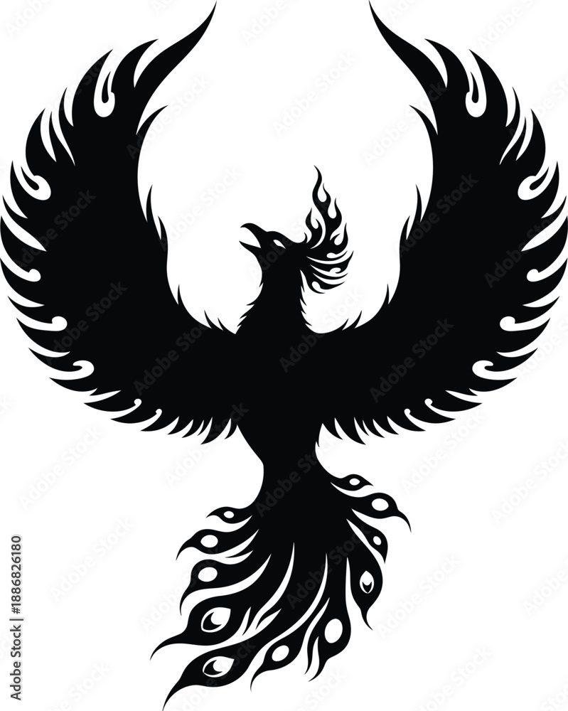 Obraz premium Eagle tattoo vector design featuring a black silhouette of a flying bird with spread wings in a tribal art style, perfect as a hawk or phoenix illustration set