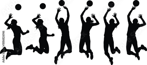 Collection of professional female volleyball player silhouettes featuring athletes jumping hitting and serving balls in various action poses isolated on white background vector