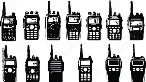 Silhouette set of professional walkie talkie radio devices with antennas and screens for security, emergency communication, and portable two way wireless radio transmission