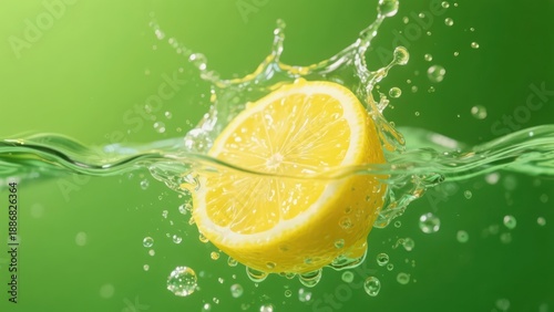 A fresh lemon slice plunges into clear water, creating lively splashes and bubbles, showcasing the vibrant texture and refreshing vitality of the fruit against a fresh green background.