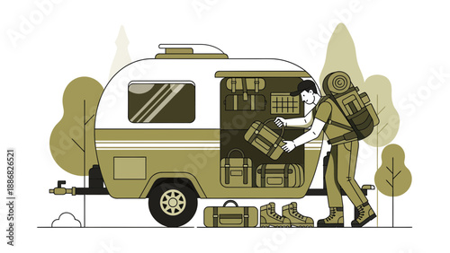 Preparation For Outdoor Adventure Loading Gear Into A Caravan Camper Trailer