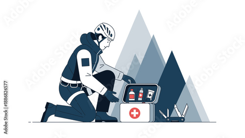 Prepared Climber Inspects First Aid Kit In Mountain Landscape Illustration