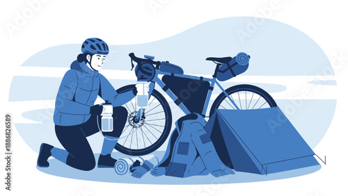 Prepared Cyclist Restocking Water And Equipment During An Adventurous Bikepacking Tour