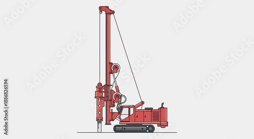 Powerful Red Pile Driver Construction Machine Vector Illustration On Clean Background