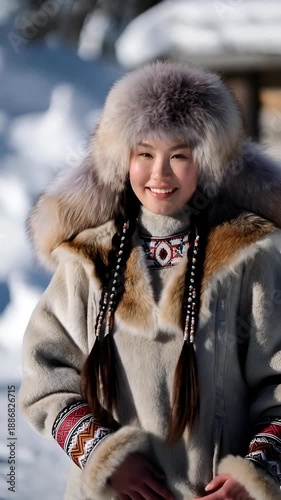 Young beautiful Eskimo woman in traditional fur costume standing outdoors on snowy winter landscape, Arctic heritage portrait, indigenous culture, cold season fashion, serene northern lifestyle