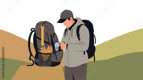 Preparing For A Hiking Adventure Man Standing By His Backpack In Nature Landscape