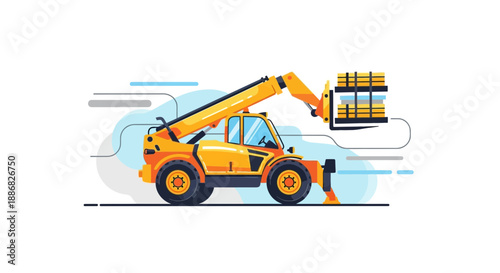 Powerful Telehandler Equipment Actively Moving Cargo At Construction Site Or Warehouse