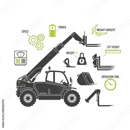 Powerful Telehandler Equipment With Operational Efficiency Icons Illustrated For Industry