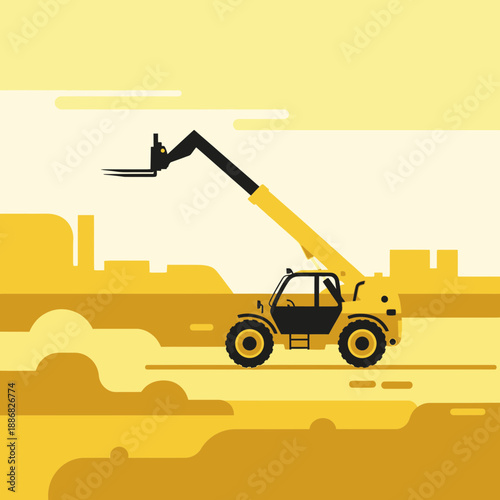 Powerful Telehandler Lifting Equipment On A Modern Construction Site Flat Design Illustration
