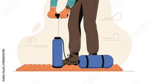 Preparing For Adventure Pumping Up Inflatable Mattress On Orange Mat For Camping Trip