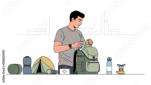 Preparing For Outdoor Adventure Man Packing Backpack for Hiking Trip