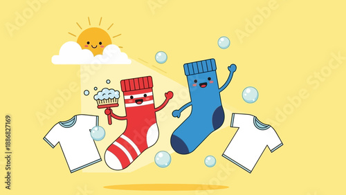 Cartoon Socks Washing in Bright Sunshine with Clothes and Soap Suds