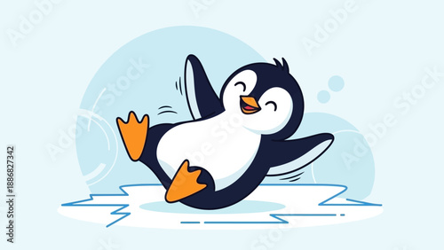 Cartoon Penguin Slipping on Ice with Playful Expression and Dynamic Pose