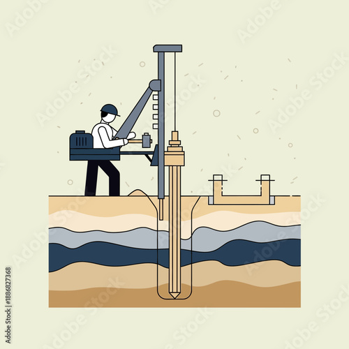 Professional Worker Operating Piling Machine Installing Deep Foundation Illustration Vector Art