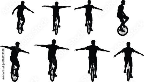 Unicycle rider silhouettes set performing balance tricks, single wheel cycling poses collection, extreme sport and street performance vector illustration isolated