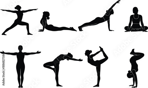Collection of professional female yoga silhouettes featuring various fitness poses including balancing stretching and meditation isolated on white background for health and wellness design