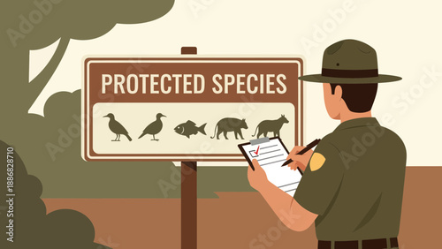 Ranger Inspecting Protected Species Sign In Wildlife Reserve Area With Clipboard