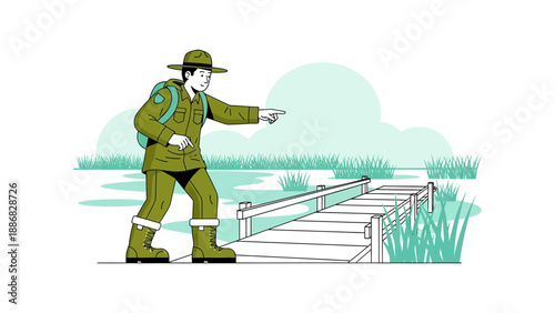 Ranger Leads the Way Across the Wooden Bridge in a Lush Marshland