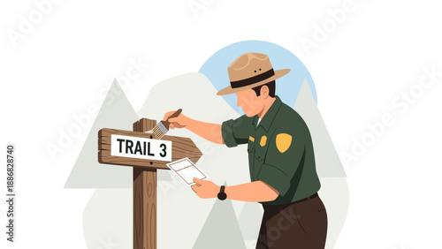 Ranger Maintaining Trail Signage For Safe Hiking And Outdoor Recreation